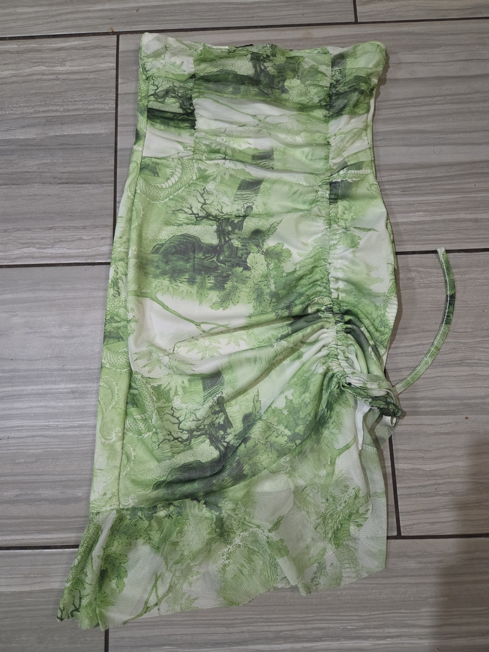 NWT Adjustable Length Strapless Green Ruched Nature Print Dress